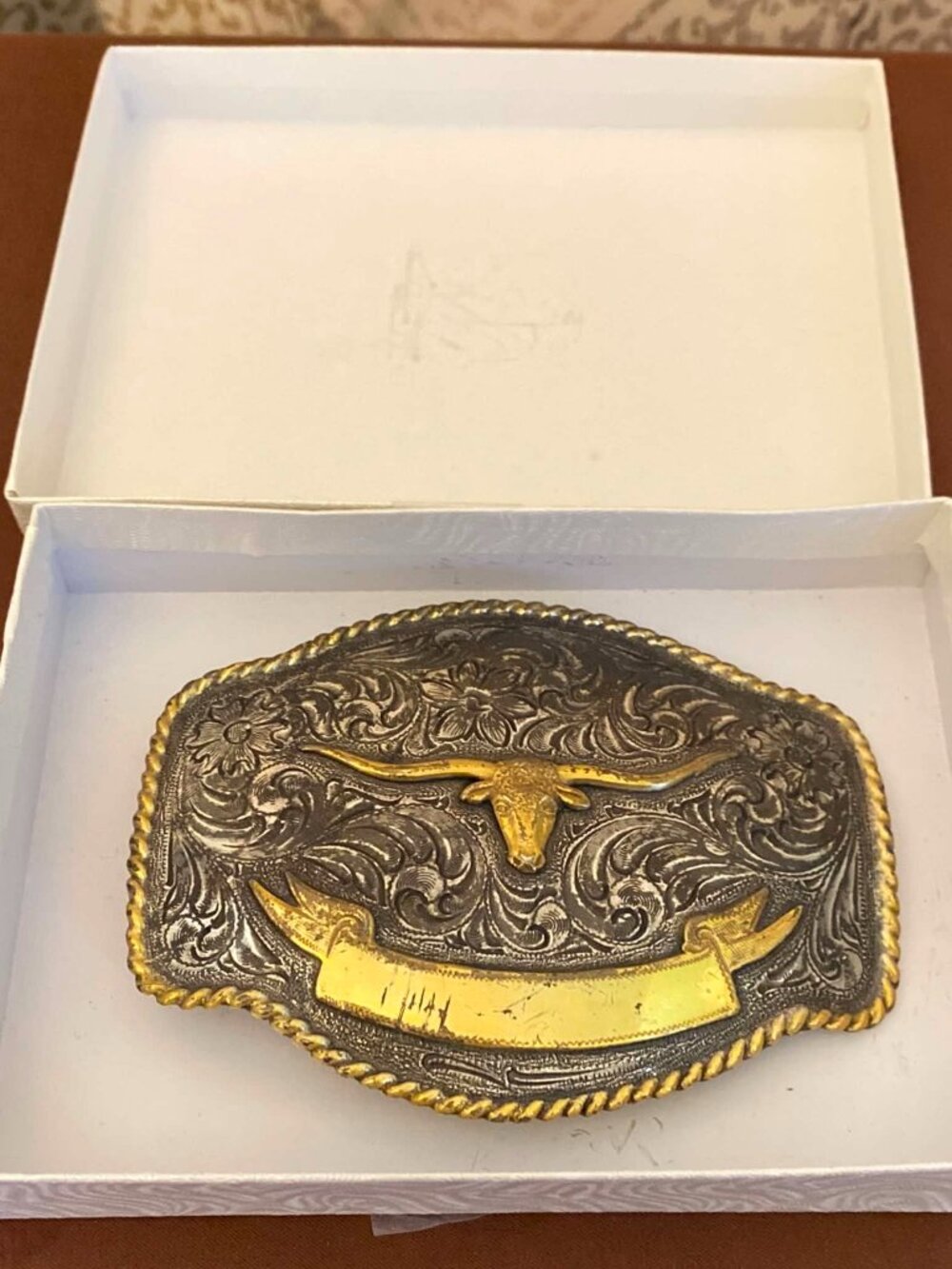 Nocona Western Belt Buckle Longhorn Steer Trophy Two Tone Gold Silver Engravable